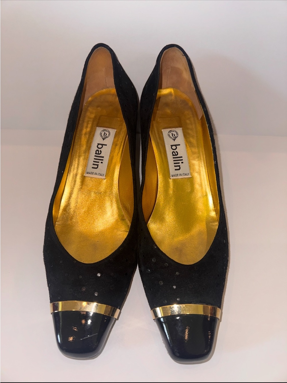Vintage Mid 80s Ballin Black Suede Flats with Patent Cap-Toe and Gold Trim